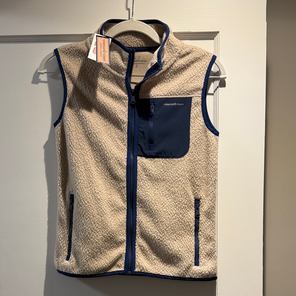 Vineyard Vines Tan and Blue Fleece Vest